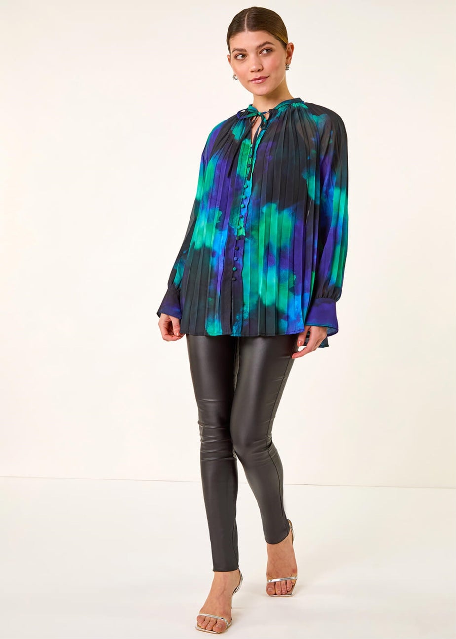 Roman Blue Watercolour Tie Neck Pleated Blouse