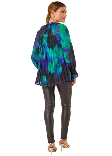 Roman Blue Watercolour Tie Neck Pleated Blouse