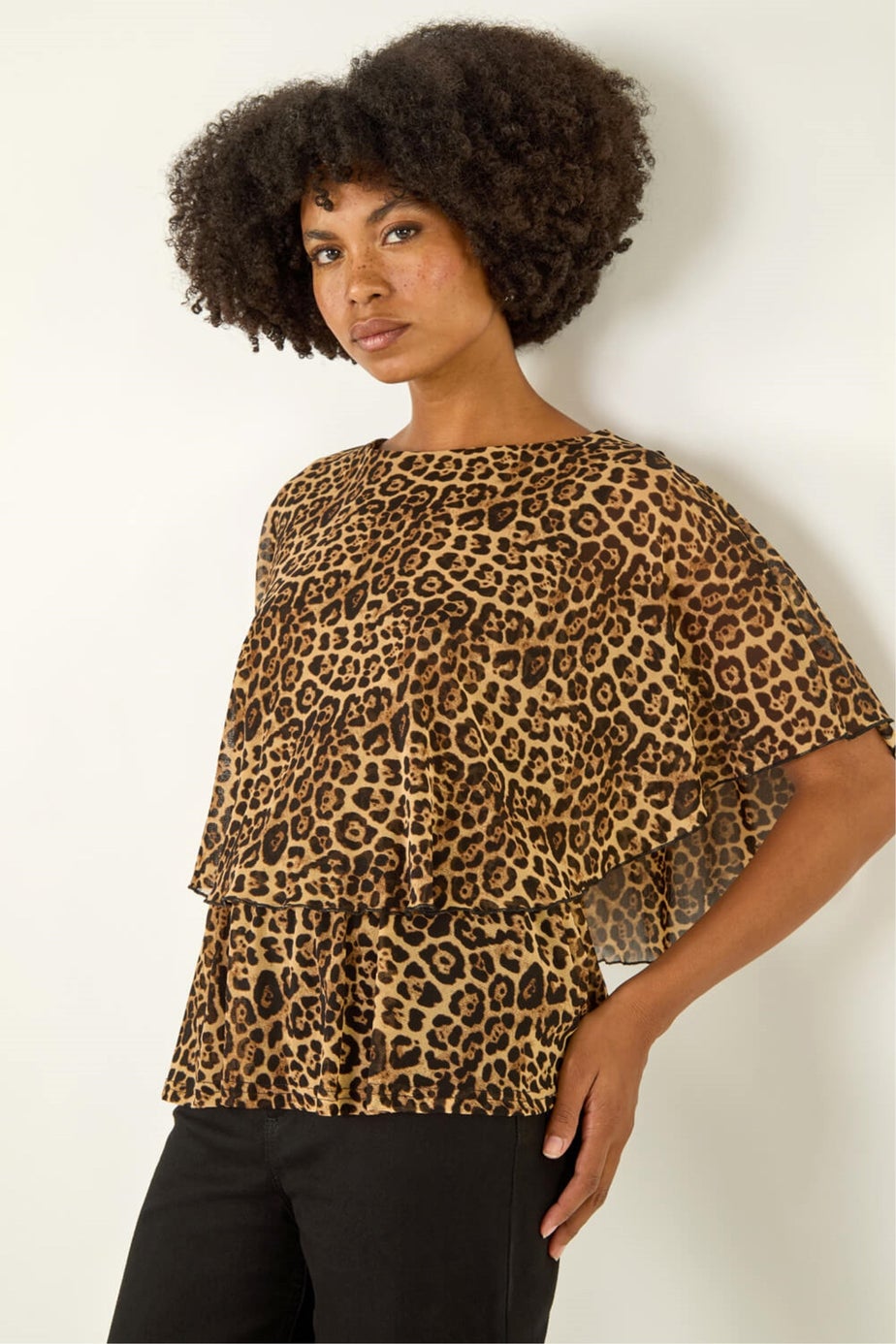 Roman Tan Animal Print Mesh Overlay Top
