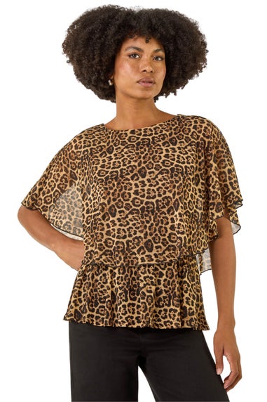 Roman Tan Animal Print Mesh Overlay Top