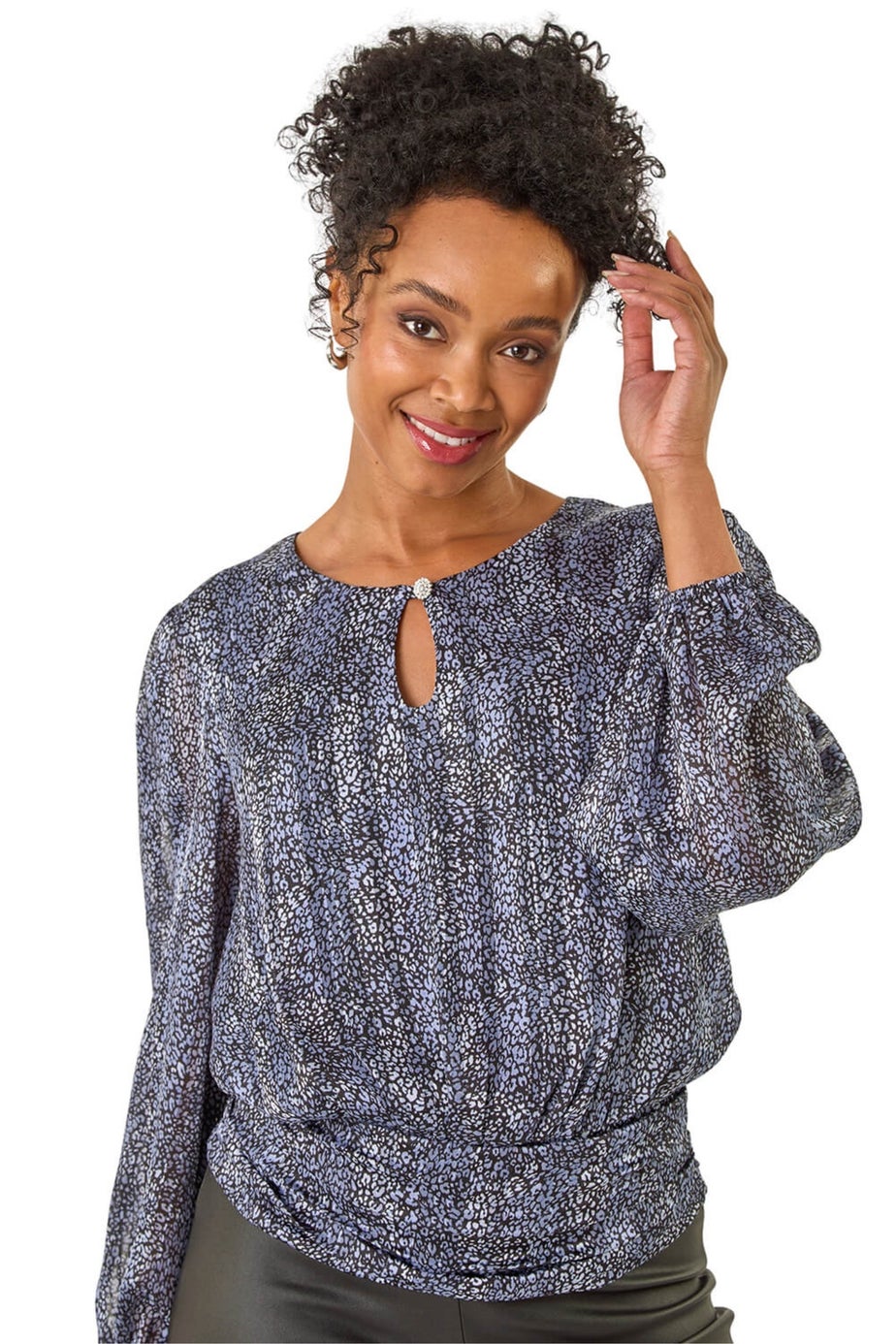 Roman Black Petite Animal Keyhole Buttoned Top