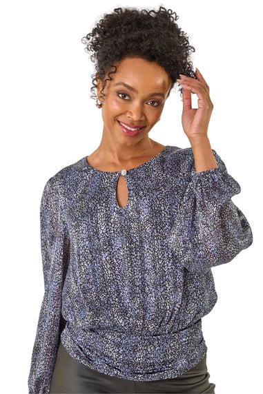 Roman Black Petite Animal Keyhole Buttoned Top