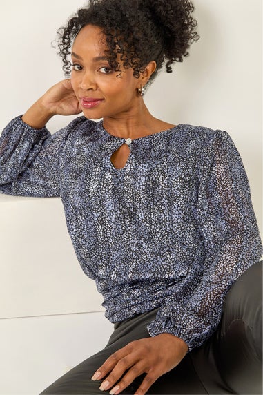 Roman Black Petite Animal Keyhole Buttoned Top