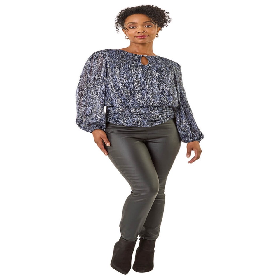 Roman Black Petite Animal Keyhole Buttoned Top