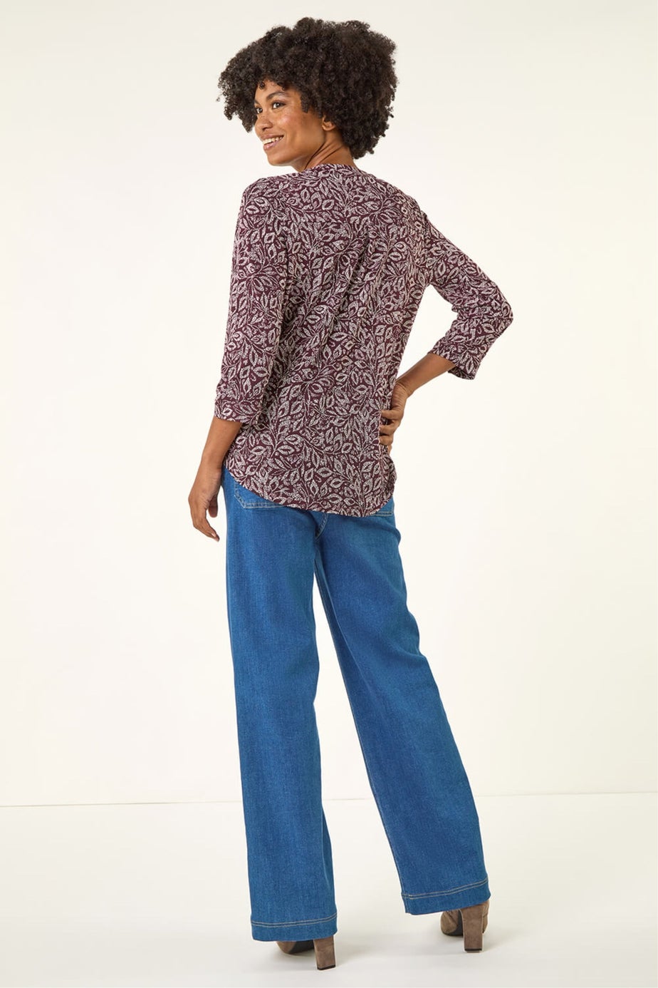 Roman Burgundy Leaf Print V-Neck Stretch Top