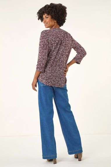 Roman Burgundy Leaf Print V-Neck Stretch Top