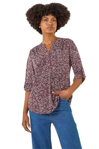 Roman Burgundy Leaf Print V-Neck Stretch Top