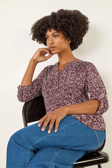 Roman Burgundy Leaf Print V-Neck Stretch Top