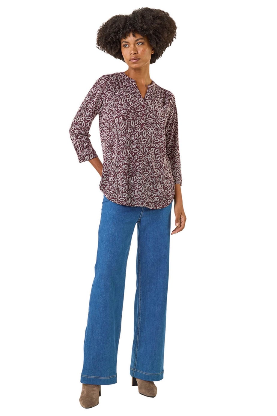 Roman Burgundy Leaf Print V-Neck Stretch Top