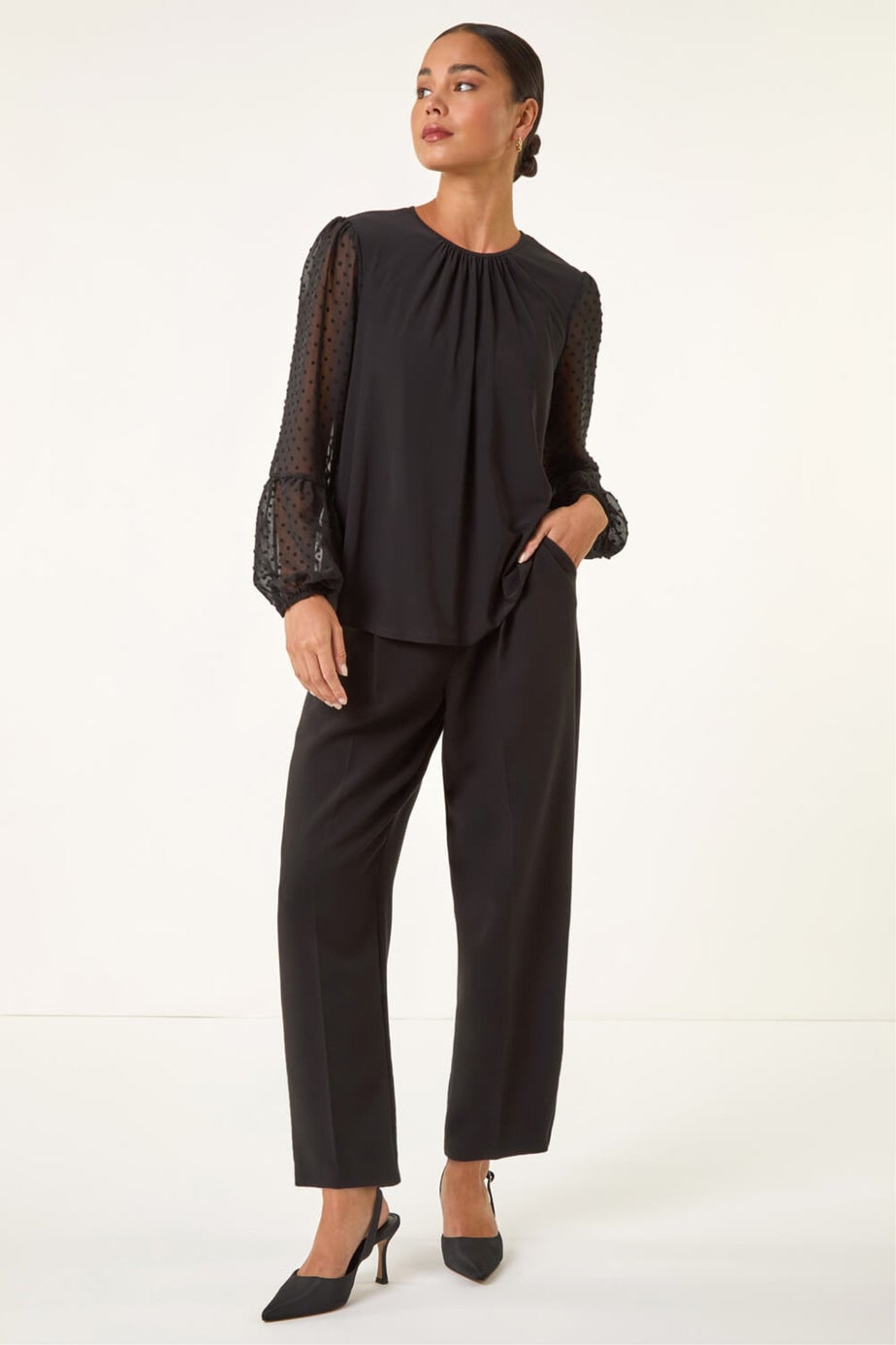 Roman Black Petite Contrast Dobby Stretch Top