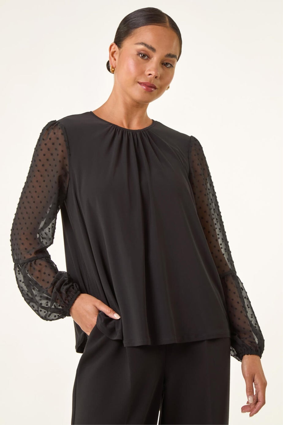 Roman Black Petite Contrast Dobby Stretch Top