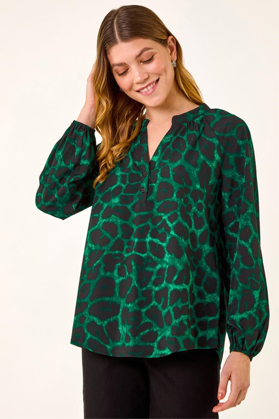 Roman Green Animal Print V-Neck Top