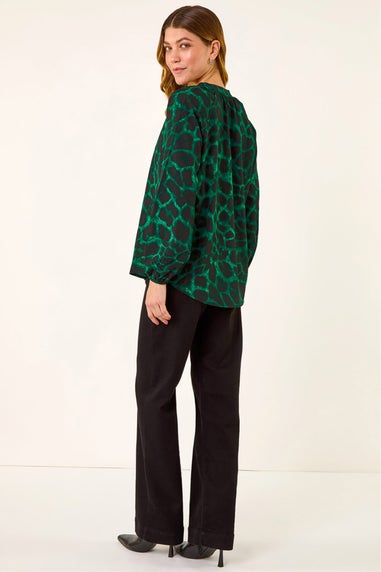 Roman Green Animal Print V-Neck Top