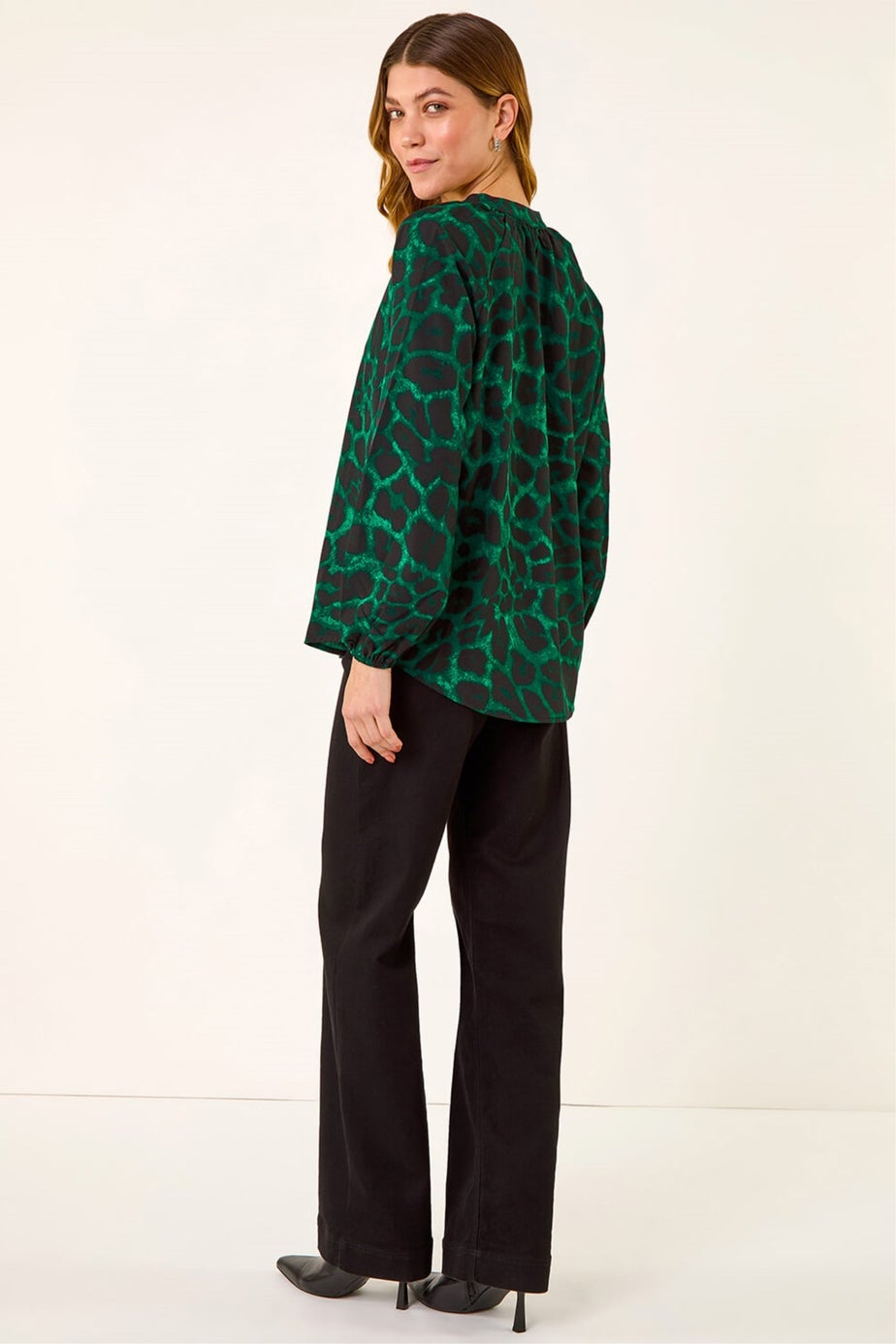 Roman Green Animal Print V-Neck Top