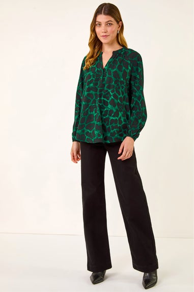 Roman Green Animal Print V-Neck Top