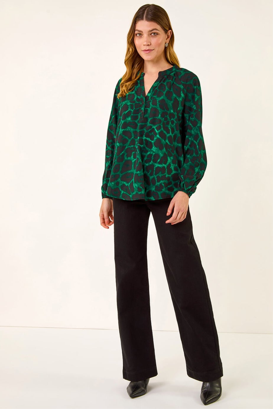 Roman Green Animal Print V-Neck Top