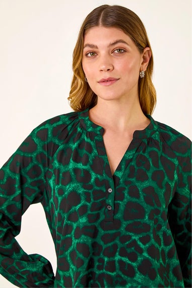 Roman Green Animal Print V-Neck Top