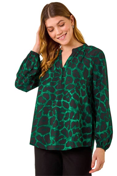 Roman Green Animal Print V-Neck Top