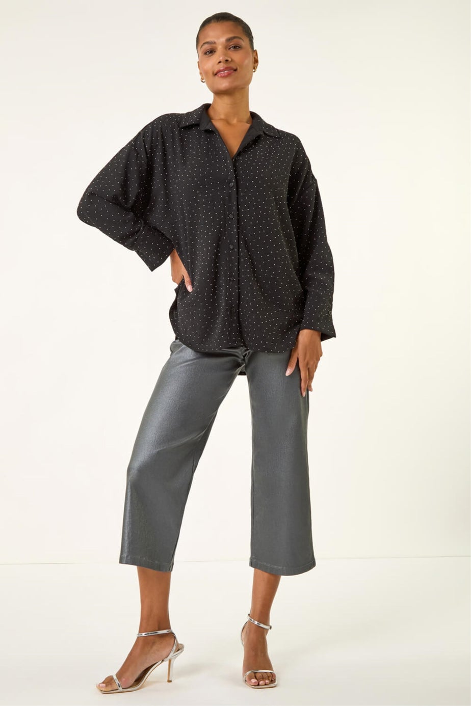 Roman Black Hotfix Collared Longline Shirt