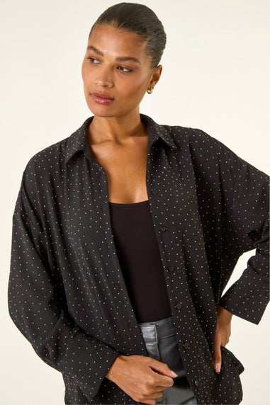 Roman Black Hotfix Collared Longline Shirt