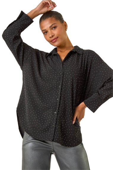 Roman Black Hotfix Collared Longline Shirt