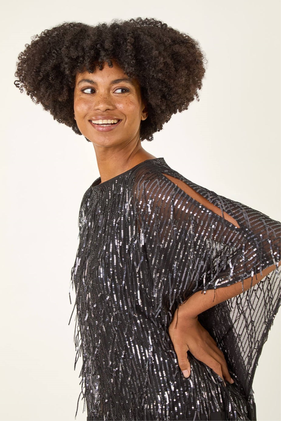 Roman Dark Grey Sequin Mesh Chiffon Hem Top