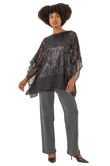 Roman Dark Grey Sequin Mesh Chiffon Hem Top