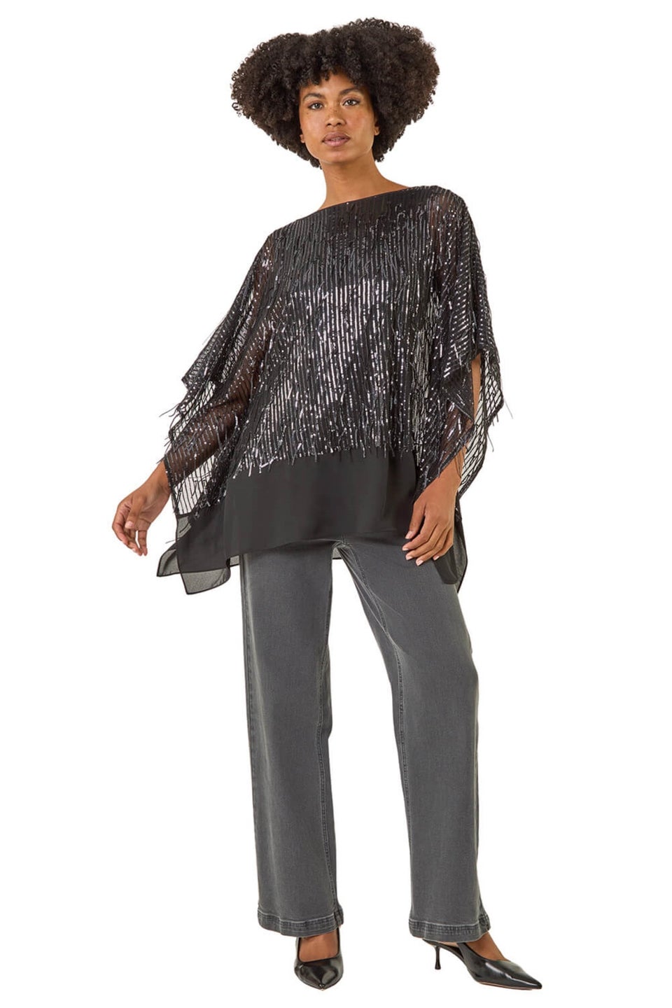 Roman Dark Grey Sequin Mesh Chiffon Hem Top