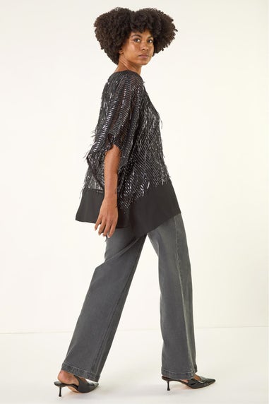 Roman Dark Grey Sequin Mesh Chiffon Hem Top