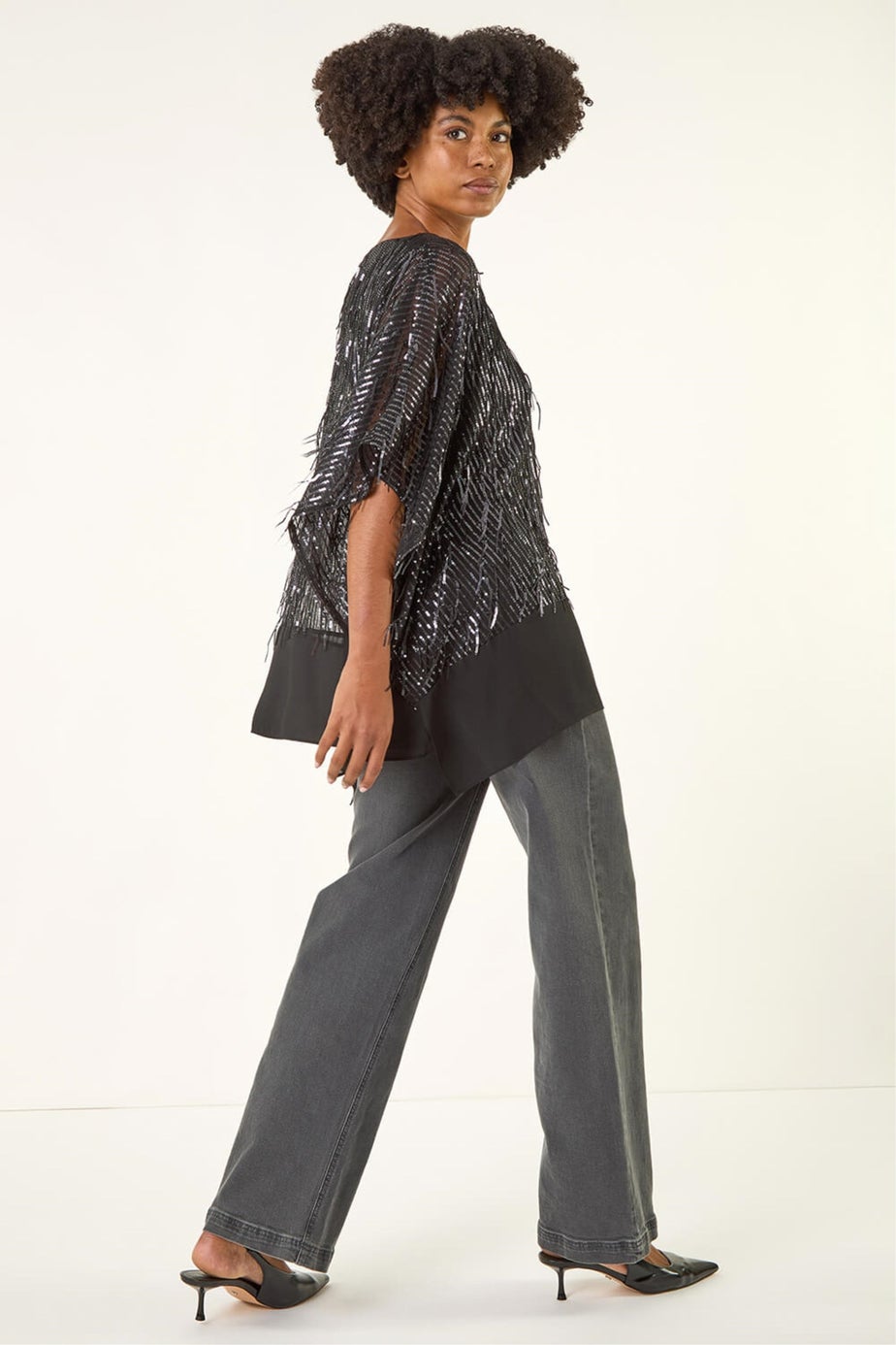 Roman Dark Grey Sequin Mesh Chiffon Hem Top
