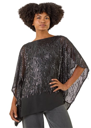 Roman Dark Grey Sequin Mesh Chiffon Hem Top