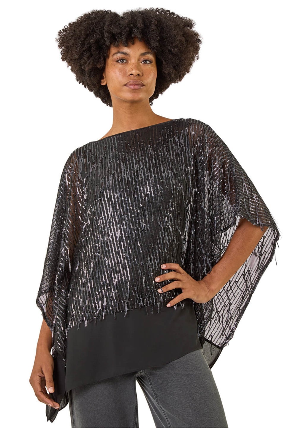 Roman Dark Grey Sequin Mesh Chiffon Hem Top