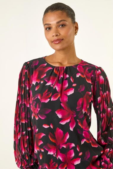Roman Purple Floral Print Pleated Top