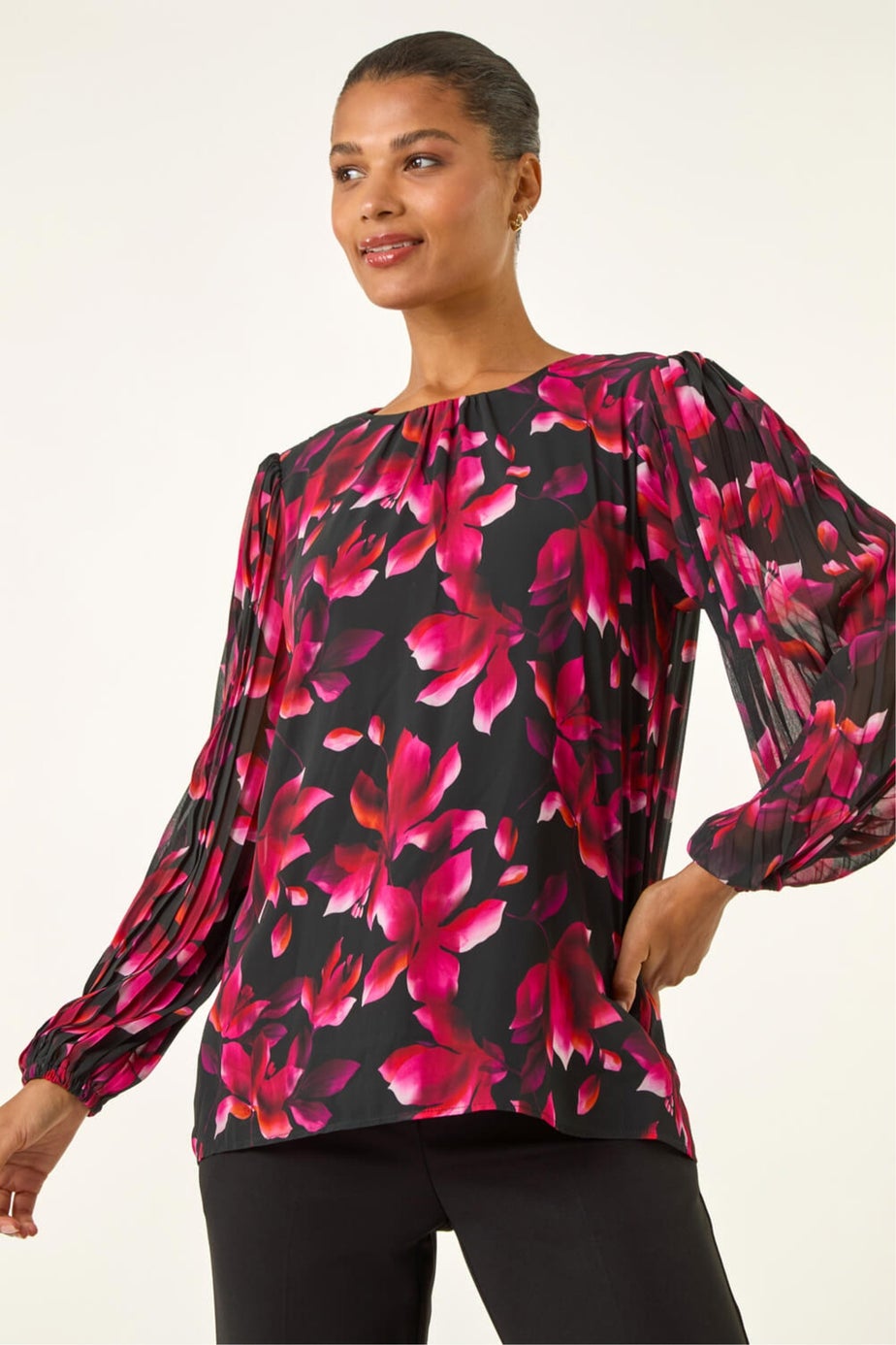 Roman Purple Floral Print Pleated Top