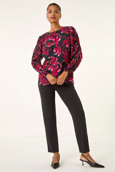 Roman Purple Floral Print Pleated Top