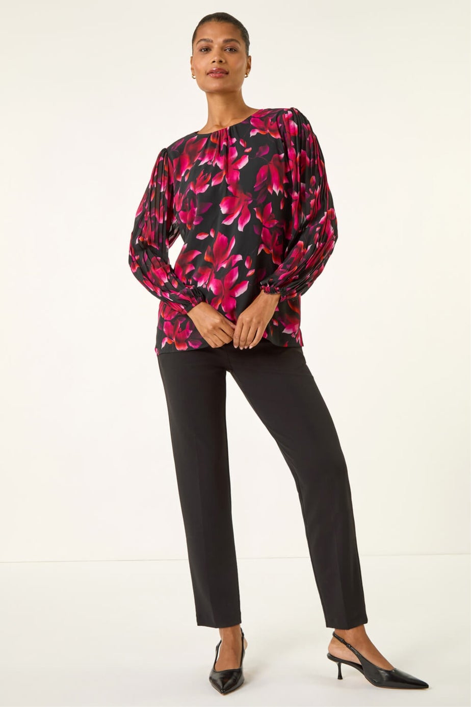 Roman Purple Floral Print Pleated Top