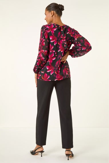 Roman Purple Floral Print Pleated Top