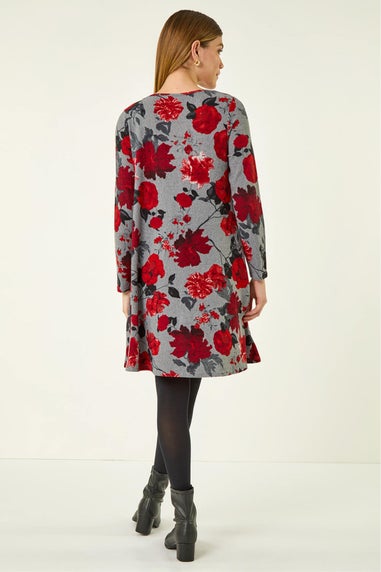 Roman Red Rose Print Stretch Swing Dress