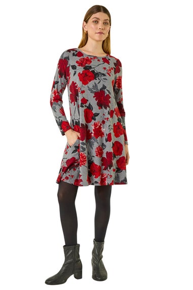 Roman Red Rose Print Stretch Swing Dress
