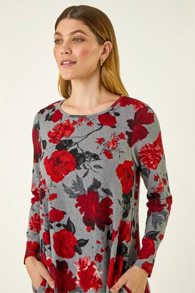 Roman Red Rose Print Stretch Swing Dress