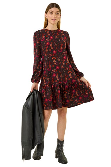 Roman Red Floral Print A-Line Stretch Dress