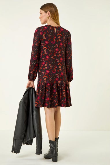 Roman Red Floral Print A-Line Stretch Dress