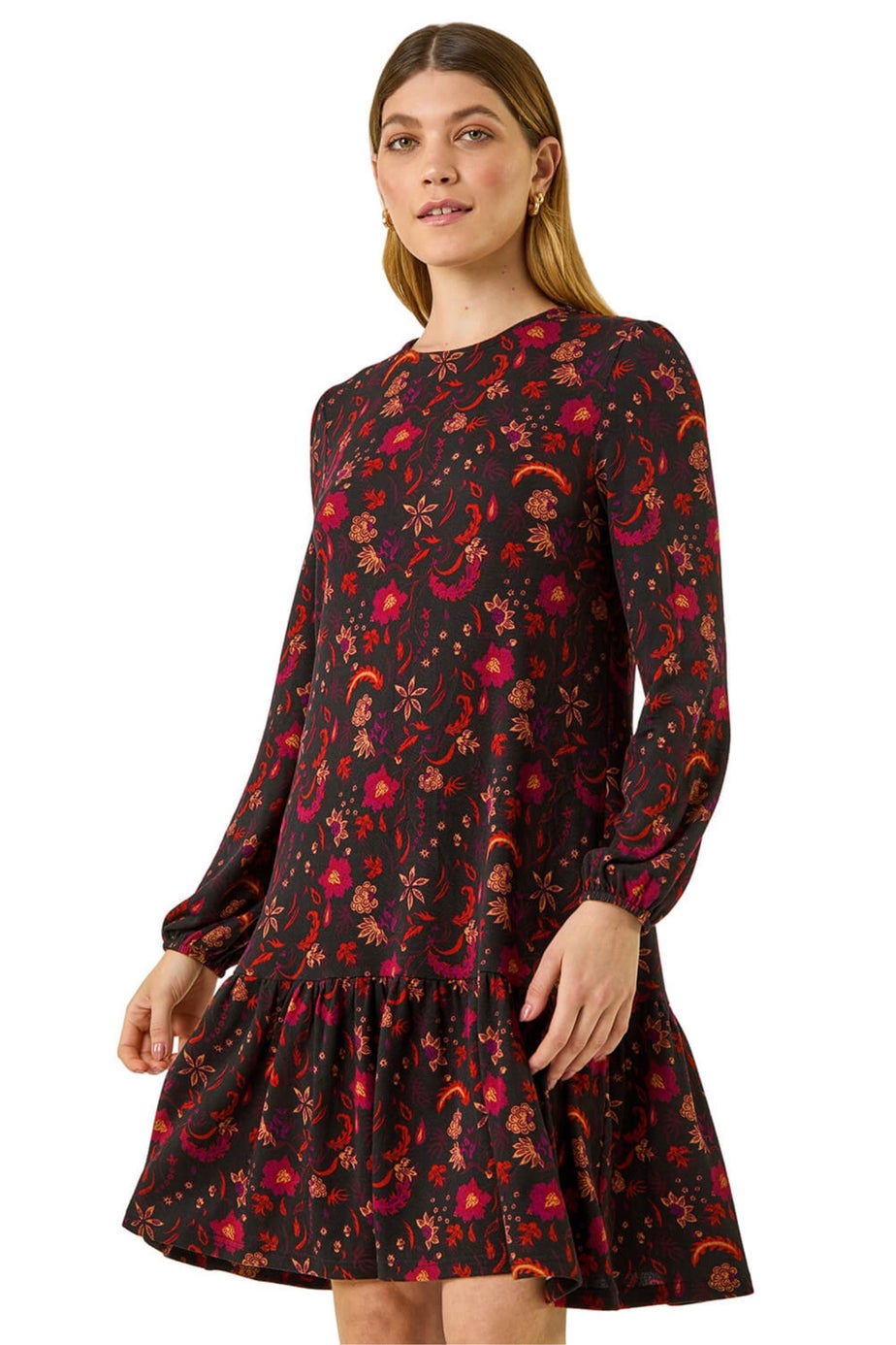 Roman Red Floral Print A-Line Stretch Dress