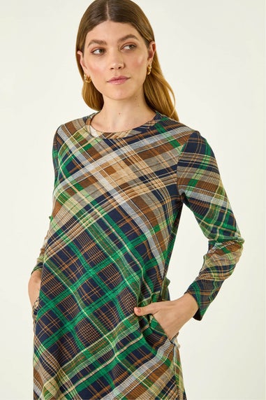 Roman Green Check Print Swing Pocket Dress