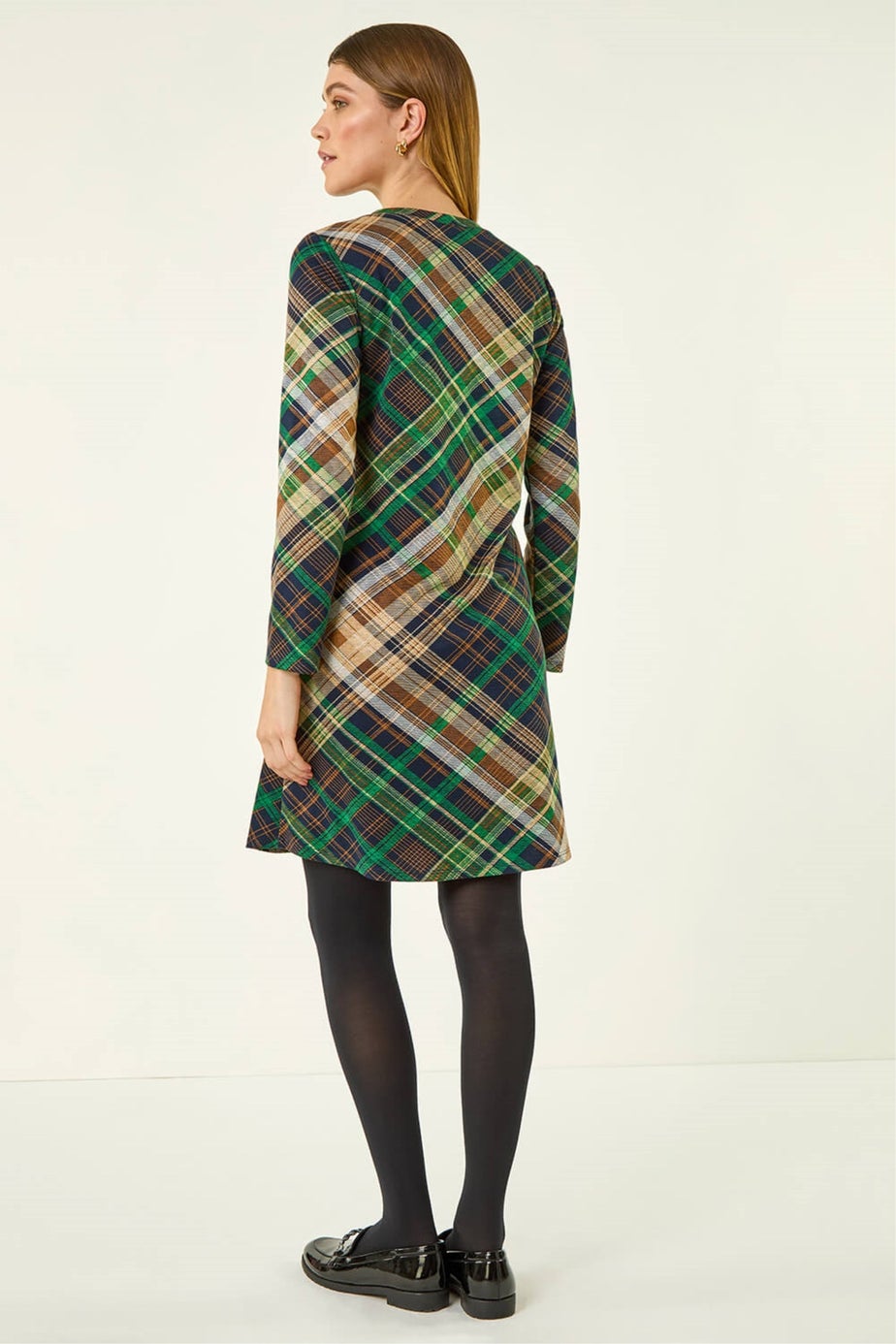 Roman Green Check Print Swing Pocket Dress