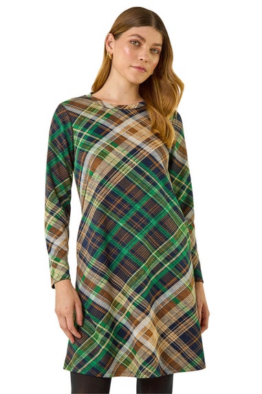 Roman Green Check Print Swing Pocket Dress