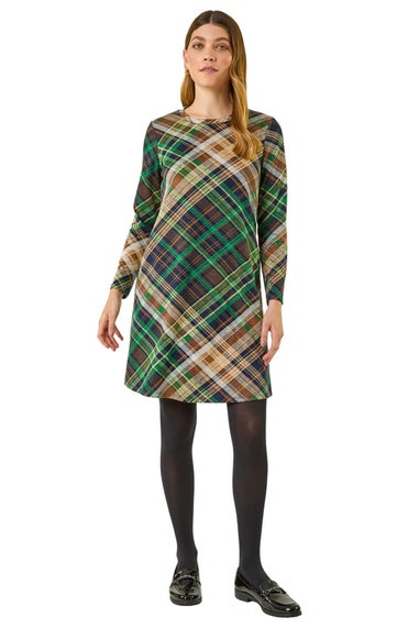 Roman Green Check Print Swing Pocket Dress