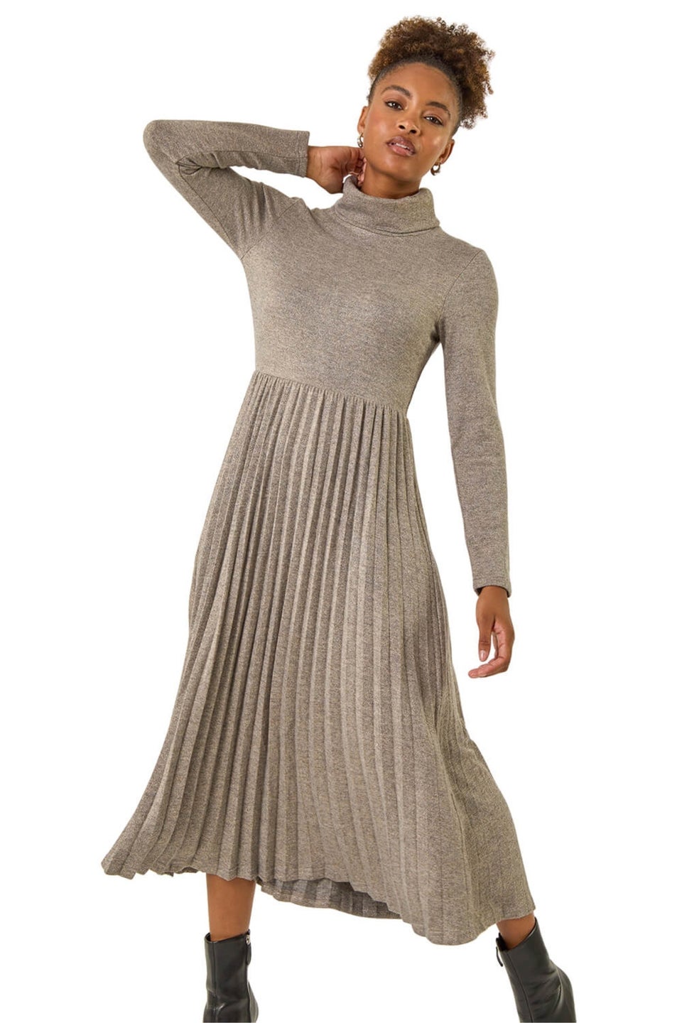 Roman Grey High Neck Pleated Midi Dress