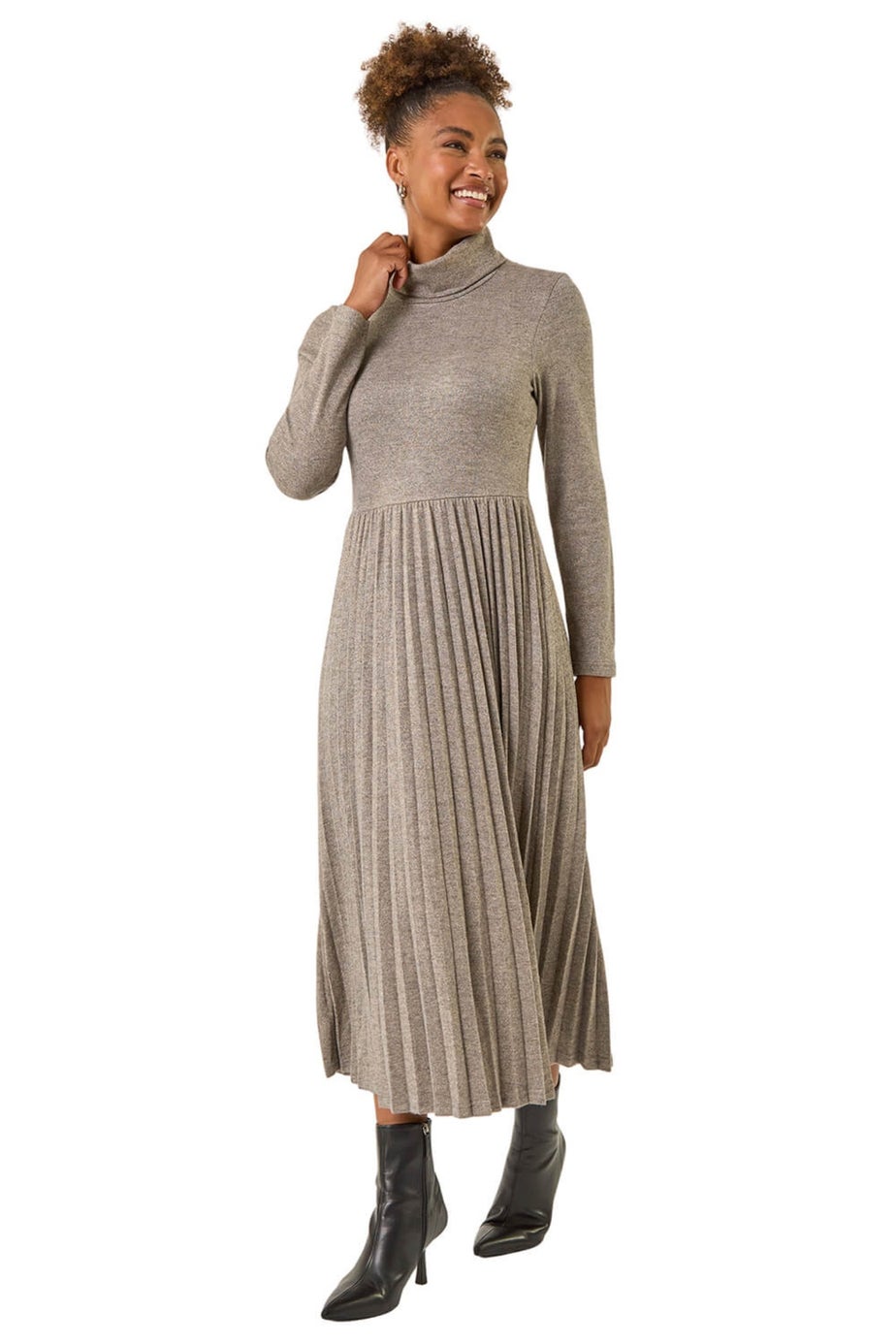 Roman Grey High Neck Pleated Midi Dress