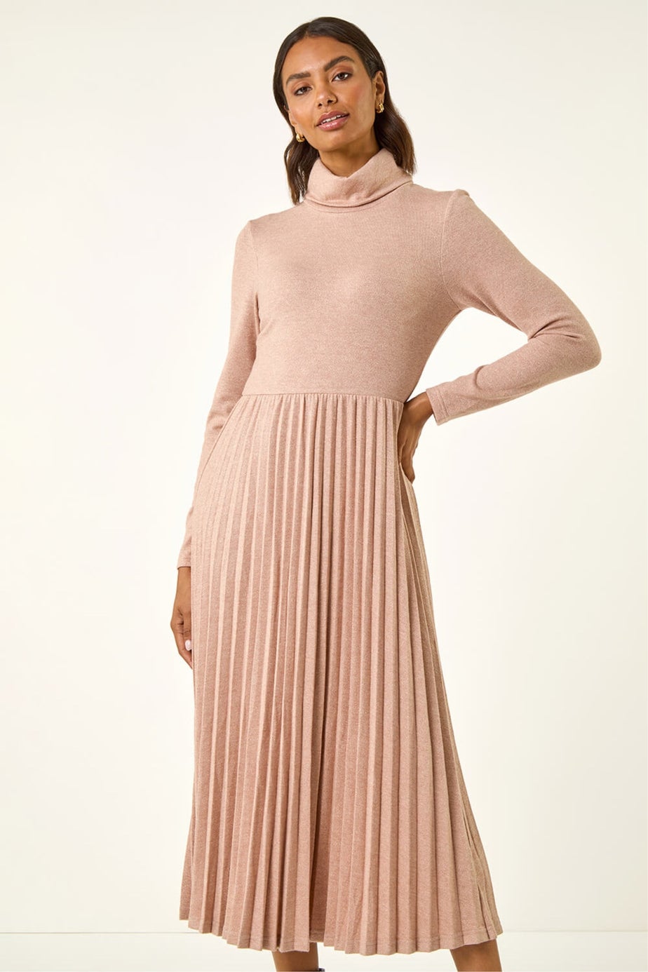 Roman Light Pink High Neck Pleated Midi Dress